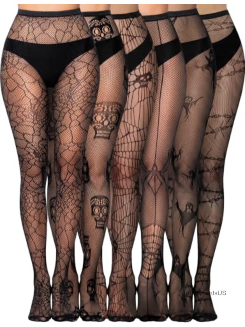 6 Pairs High Waist Lace Patterned Fishnet Tights Sheer Nylon Spandex Gothic